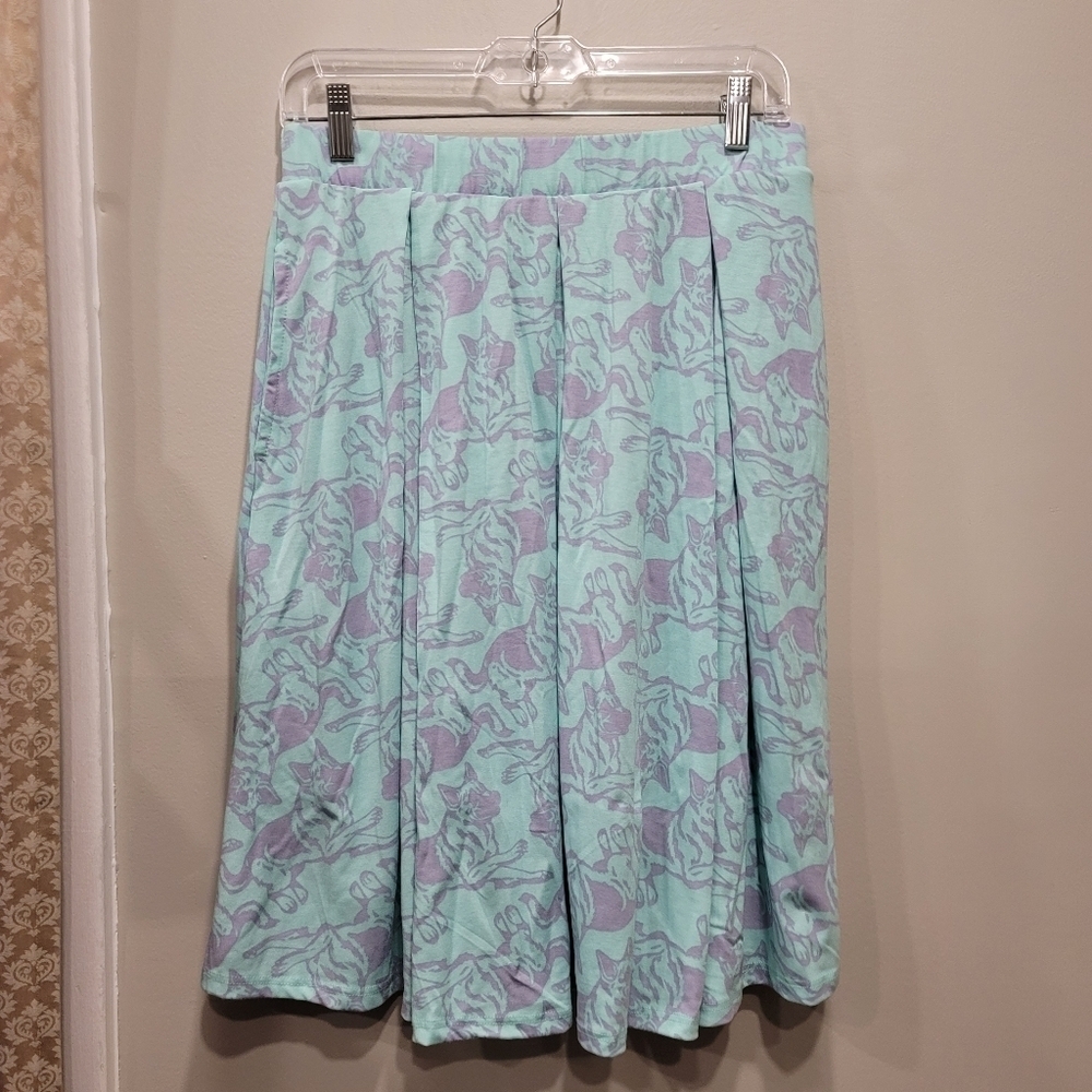 Sz L LuLaRoe Madison Skirt German Shepherd Print Mint Lavender Box Pleat A-Line